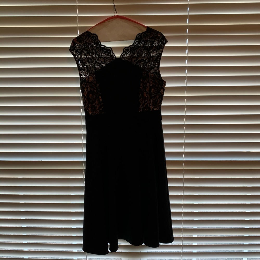 London times black dress with lace shoulders